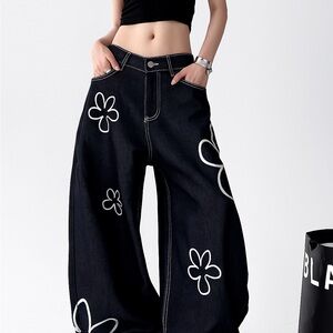 Black Wide-Leg / baggy Jeans with White Floral Print